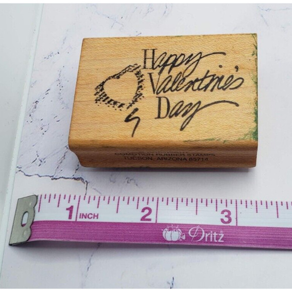 Happy Valentine’s Day Heart Balloon Comotion Wood Mounted Vintage Rubber Stamp - Picture 1 of 8